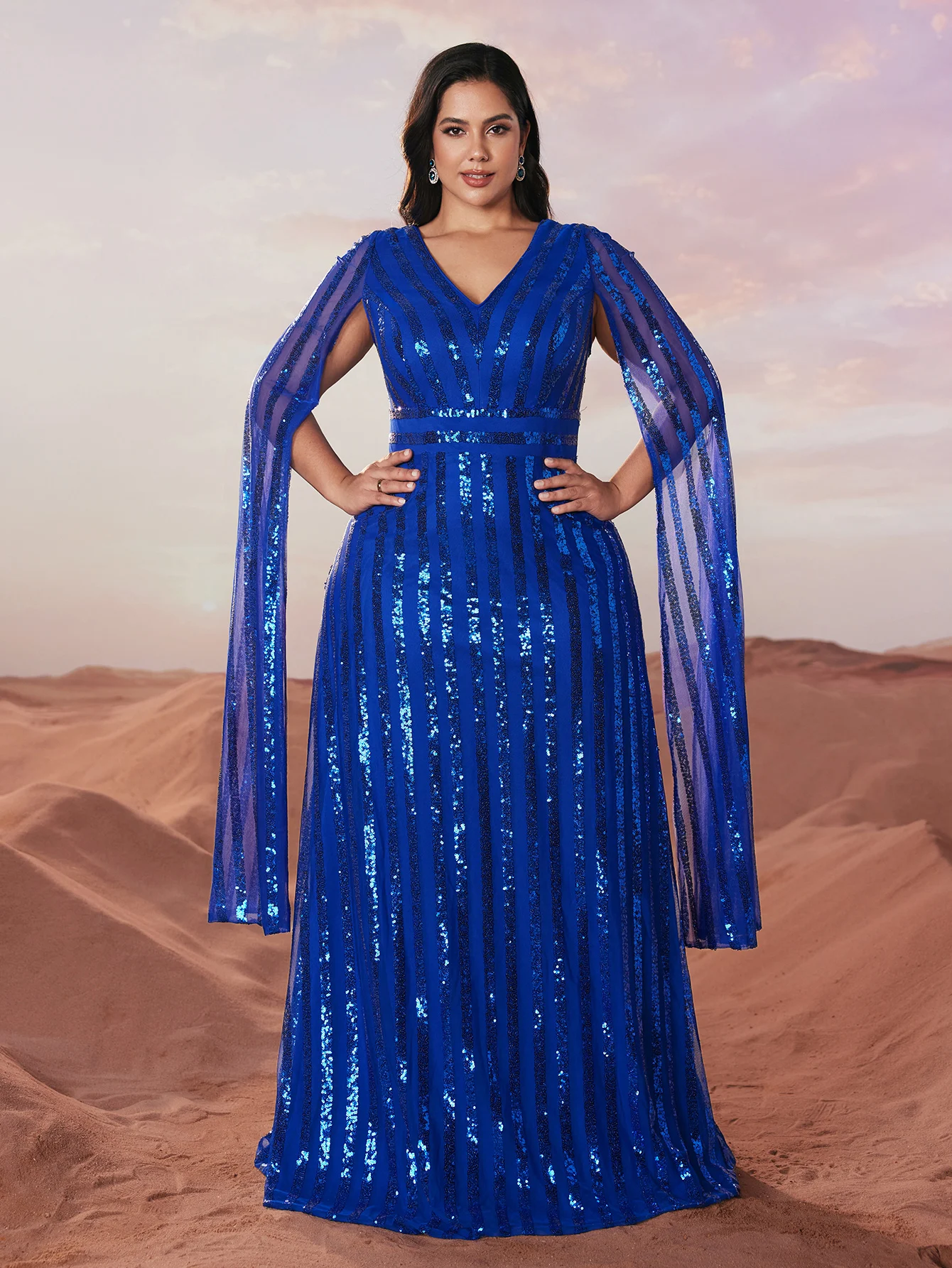 

Plus Size V-Neck Sequin Poncho Sleeve Maxi Gown, Elegant Evening Dress Long Sleeve Formal Prom Wedding Guest Dress, For Graduati