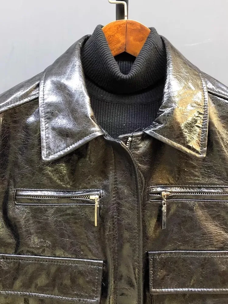 Female Top Quality New Genuine Leather Oil Wax Jacket Turndown Collar Spring Autumn Short Coat Real Sheepskin Workwear Outerwear