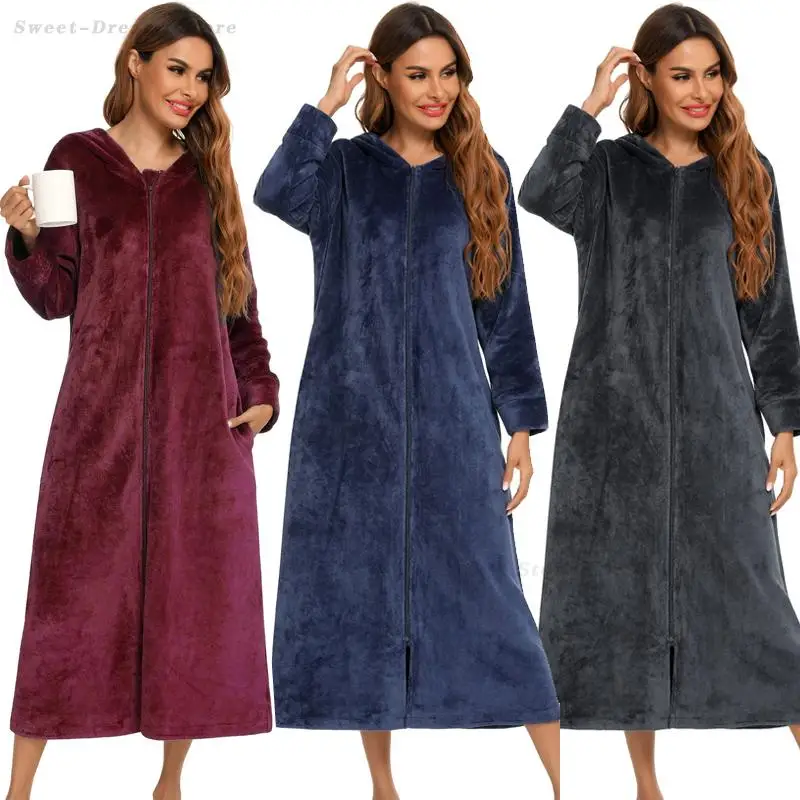 

Loose Casual Zipper Nightgown Thicken Hooded Sleepwear Long Sleeve Bathrobe Autumn Winter New Women's Flannel Nightwear Homewear