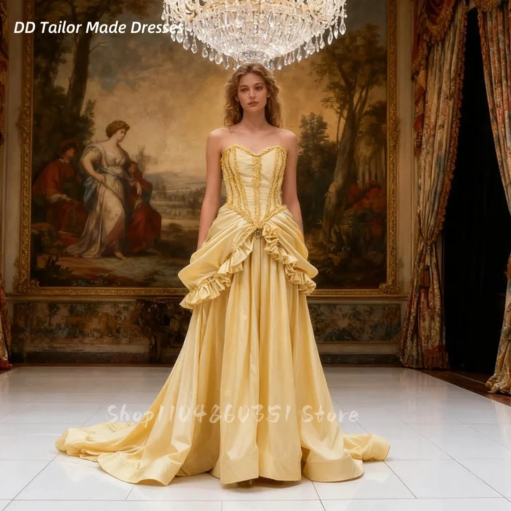 فستان زفاف ذهبي فيكتوري عتيق مخصص مكشكش من الساتان فساتين زفاف طويلة مزينة على شكل قلب بدون حمالات #2