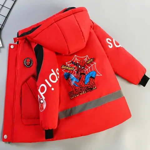 2024 겨울 신작 아동복 소년 스파이더 맨 다운 코트 패션 따뜻한 두꺼운 면화 후드 롱 파카 자켓 아동 겉옷