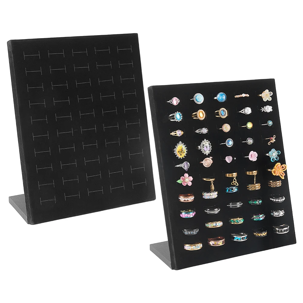 2Pcs L Shape Velvet Ring Holder 7.9x3.7x10Inch Black Jewelry Organizer Tray with Soft Velvet Surface 50-Slot Sponge Ring Display
