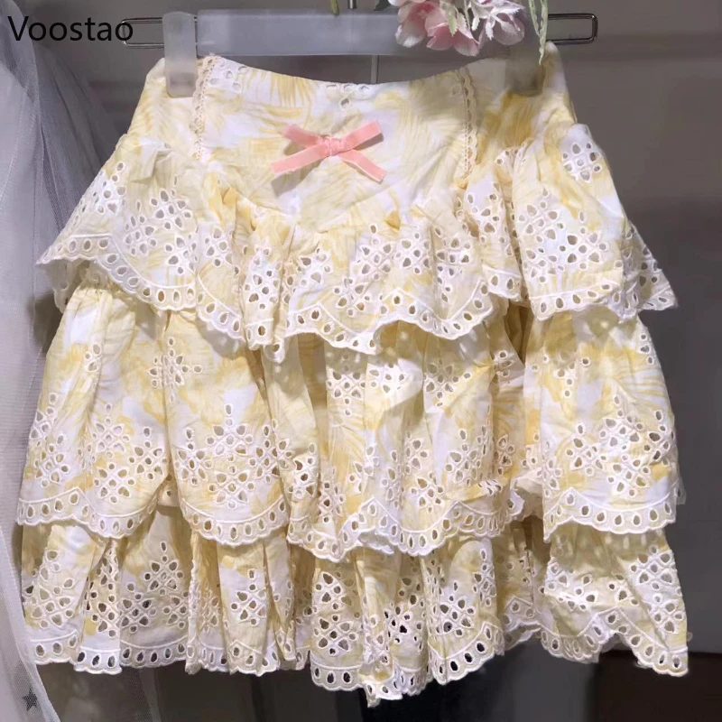 Sweet Lolita Style Skirt Women Japanese Vintage Bow Lace Ruffles Plaid Party Mini Skirts Harajuku Girls Gothic Y2k Cake Skirts