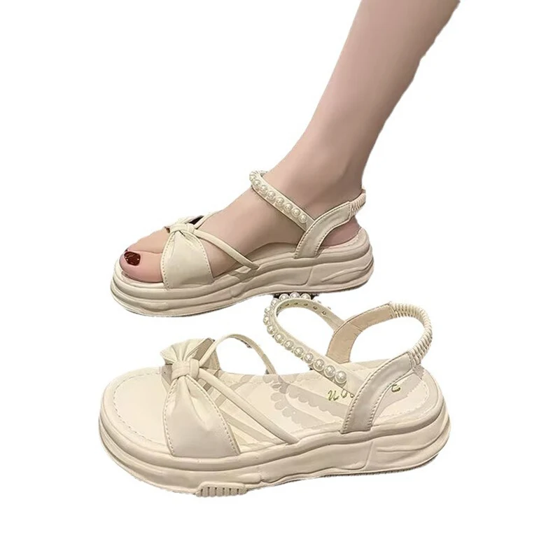 Thick-soled Heightening Sandals for Women Summer New Fashion Bow Pearl Strap Platform Sole Simple Beach Soft-soled Comfort Shoes