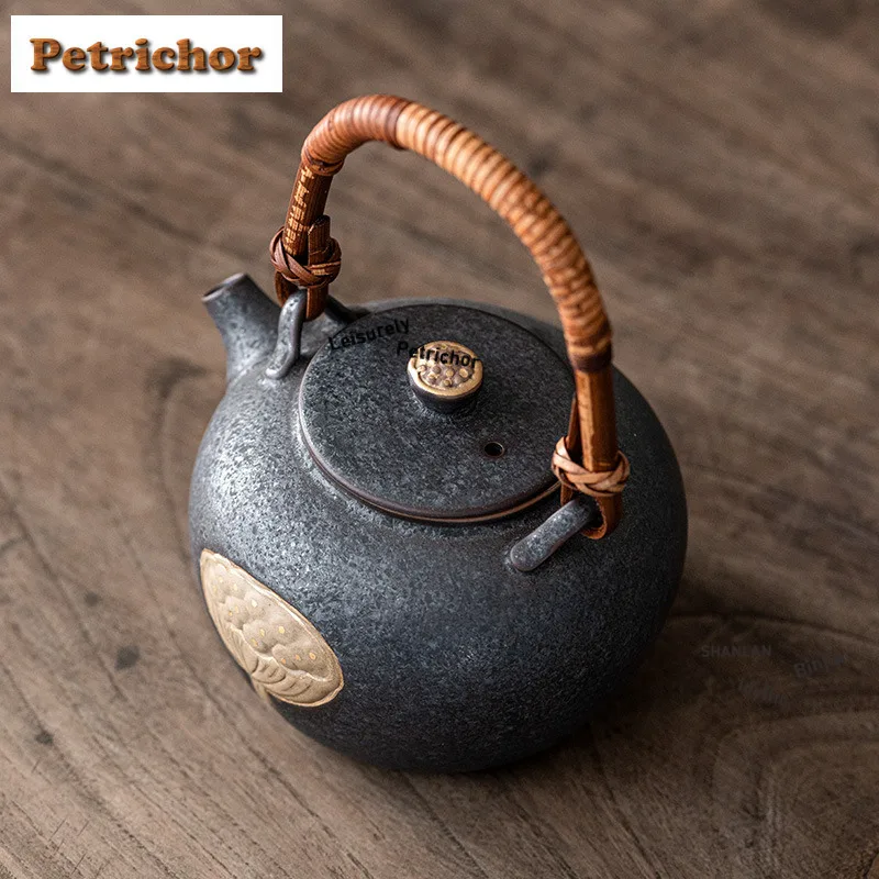460ml Gold Drawing Lotus Pod Bamboo Handle Lifting Handle Teapot Japanese Tea Infuser Pot Tea Making Kettle With Filter Supplies