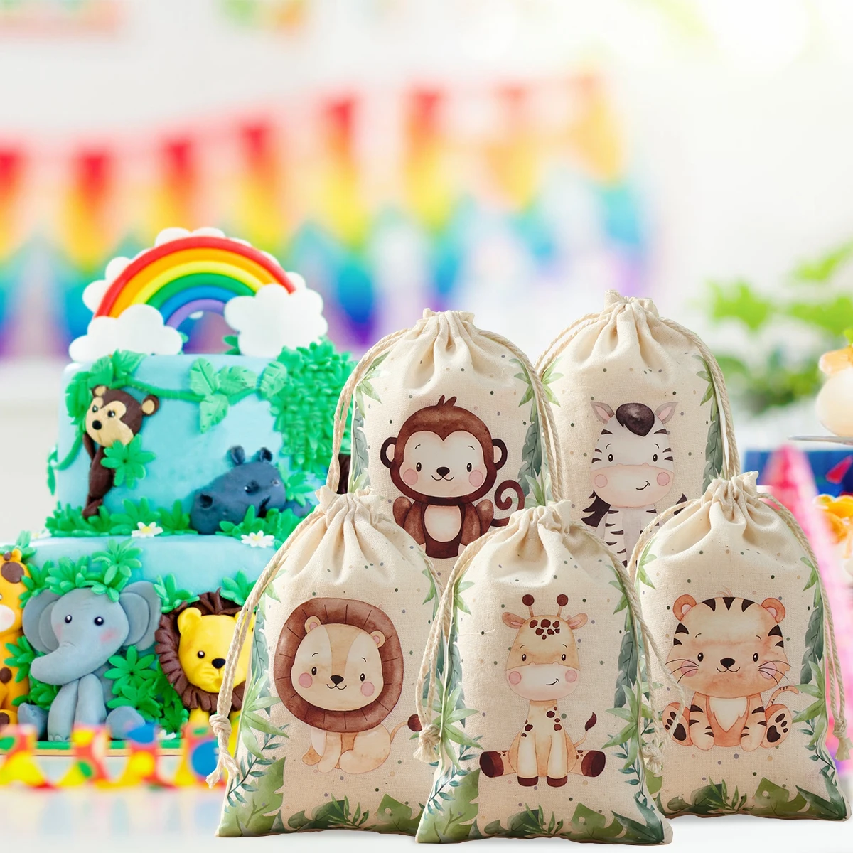 6pcs Jungle Animal Candy Bag coulisse festa di compleanno decorazioni per matrimoni bambini Wild One Party Decor Baby Shower Sack sacchetto di