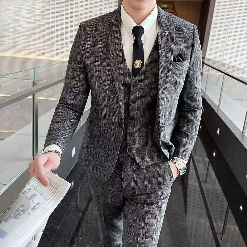 

Boutique Suits (Blazer+ Vest + Pants) Men Fashion Hosting Work Business Wedding Casual Linen Art Style Elegant Gentleman's Suit