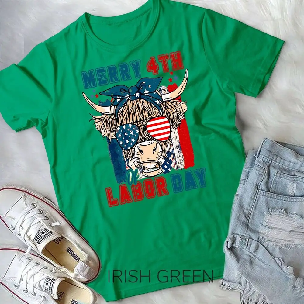 Funny Highland Cow Merry 4th Of Labor Day American Flag T-Shirt Unisex T-shirt