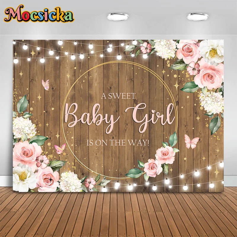 Photography Backdrops A Sweet Baby Girl Is On The Way Party Floral Wooden Board Background Cake Smash Kids Full Moon Banner