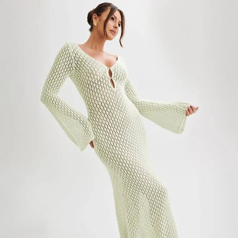 White Knit Fashion Cover up Maxi Dress Female See-Through V-Neck Hollow Out Beach Holiday Dress Knitwear Backless Dress