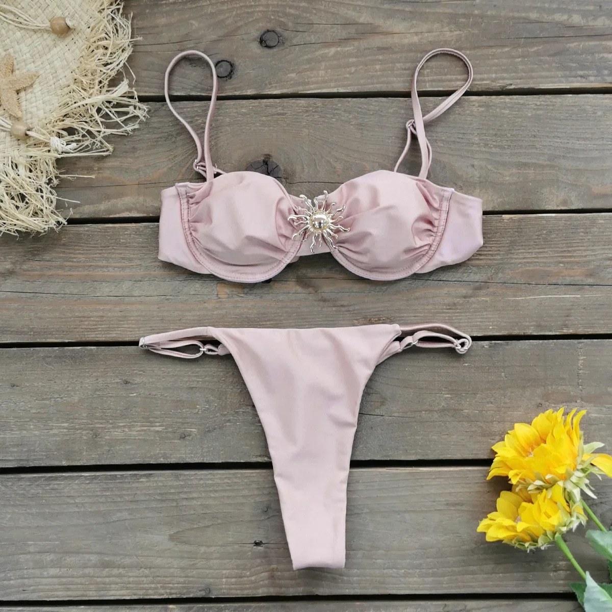 Sexy Bikini Set Pleated Detail - Adjustable Straps Stylish Solid Beach Wear Parties Bathing Suit Beachwear Biquine Brasileiro