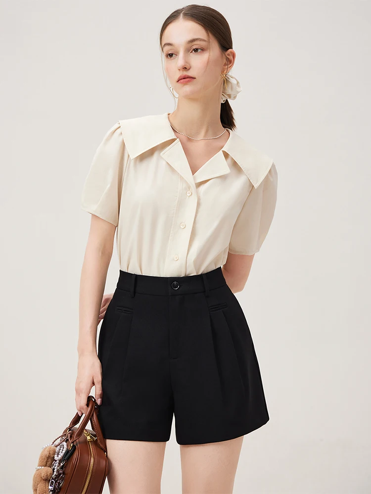 FSLE Summer Light Blue Short Sleeve Blouses Sailor Collar Female Cotton Short Shirts Korean Style Beige Straight Shirt 24FS12956