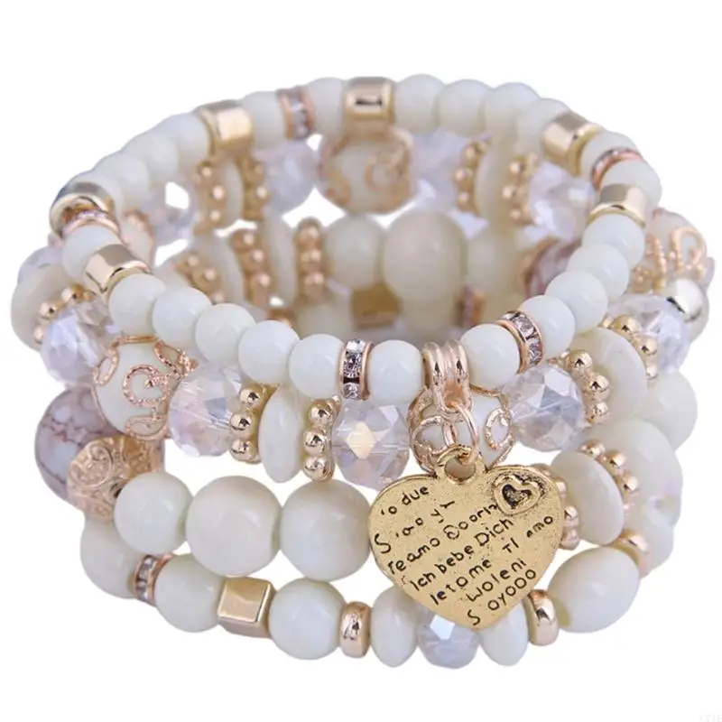  Vintage Ethnic Stretchable Resin Bracelet Featuring Sparkling Heart Accents And Dynamic Tassels Design