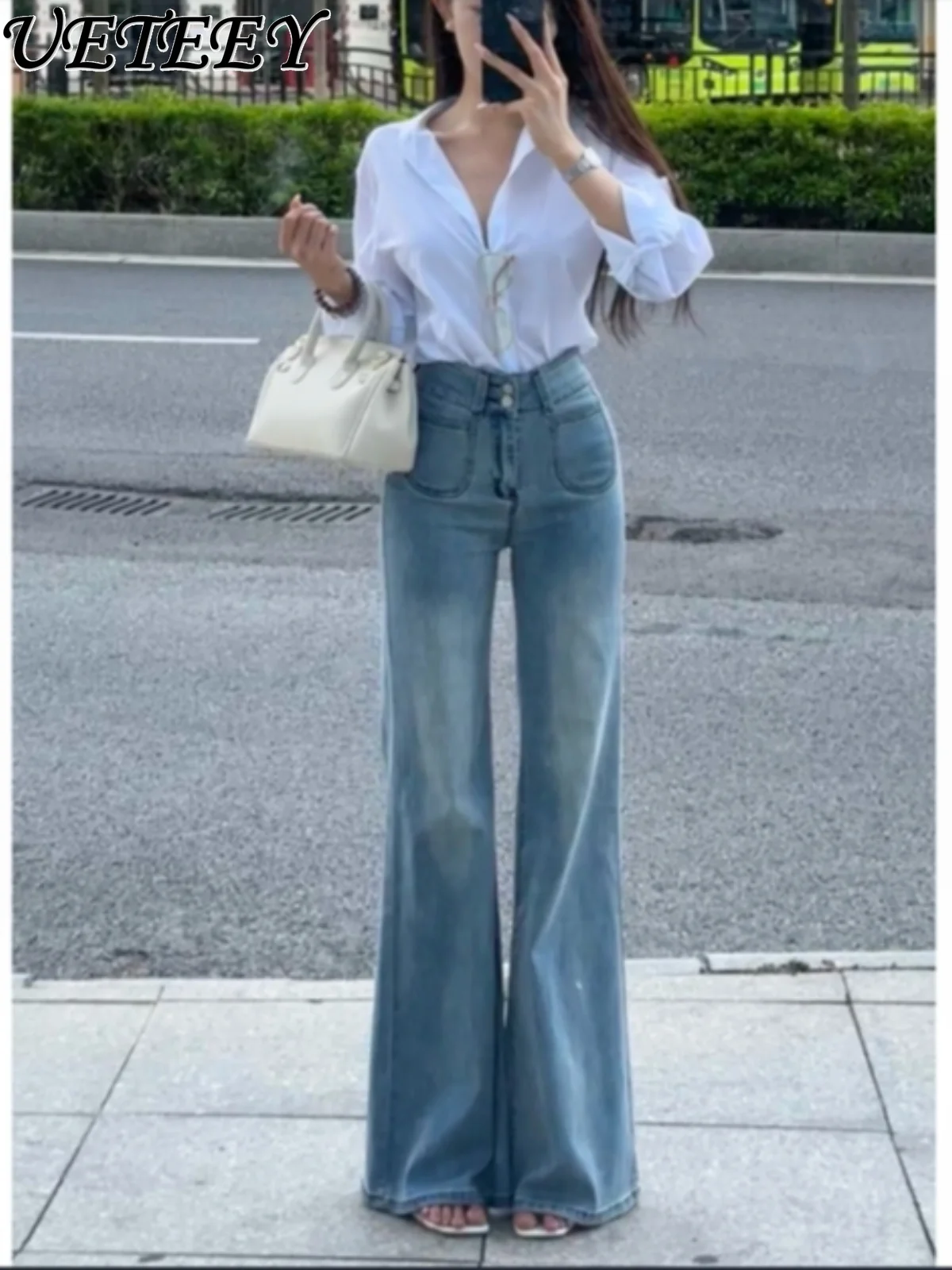 Light Blue High-waisted Wide-leg Jeans Temperament Fashionable Women's Spring Autumn New Velvet and Thin Elastic Horn Trousers