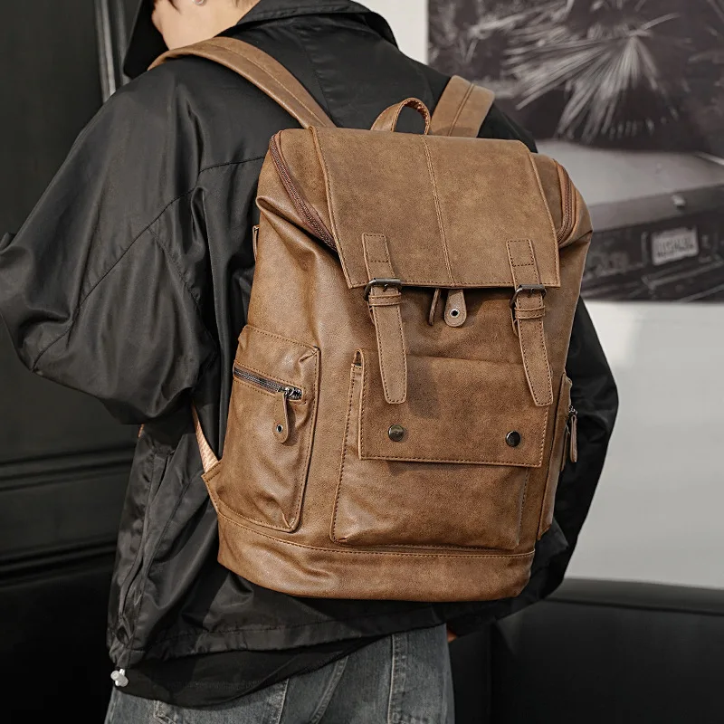 Men Outdoor Leather Backpack for Men Large Capacity Laptop Bag Trendy College Schoolbook Satchel for High School and University