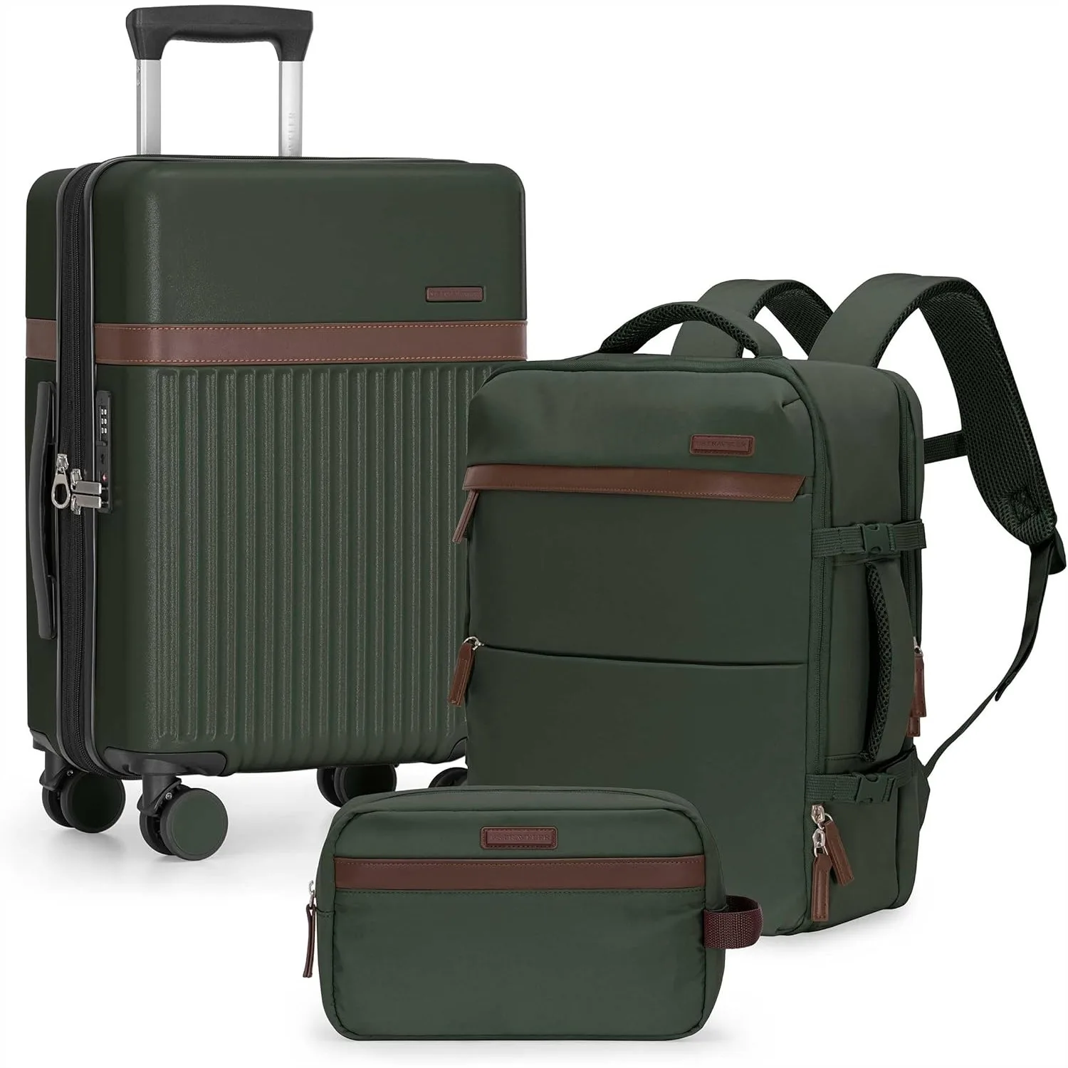3-Piece Travel Set, 21-Inch Carry-on Hardside with TSA Lock, 18-Inch Backpack with Laptop Sleeve, Toiletry Bag, Green