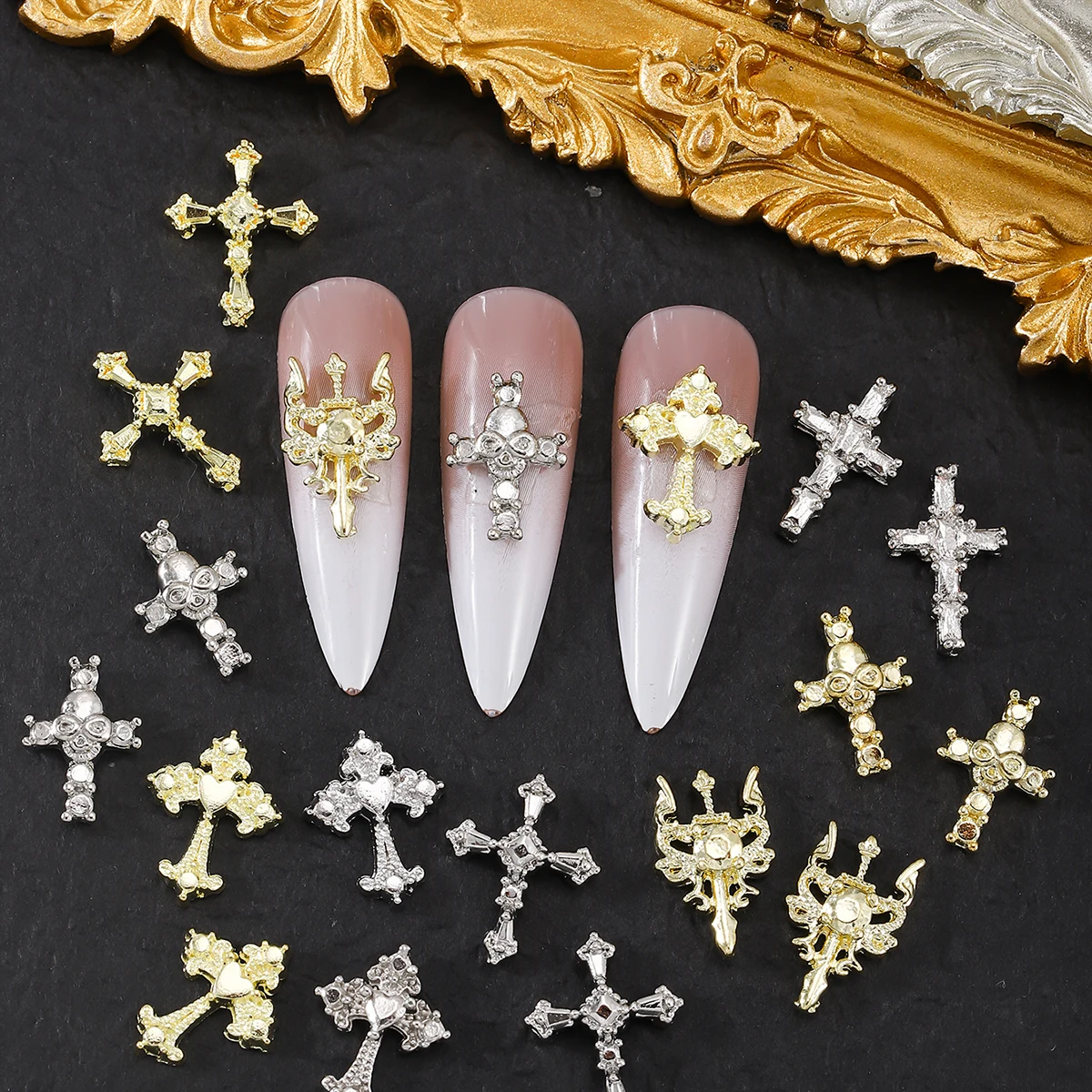 50pcs Retro punk style cross decorazione personalizzata per unghie, trapano per unghie con strass in lega, trapano in metallo flash per unghie y2k