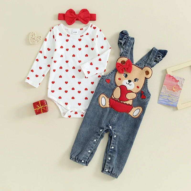 Baby Girl Clothes Heart Long Sleeve Romper Embroidery Bear Denim Overalls Jumpsuit Headband Valentine s Day Outfit