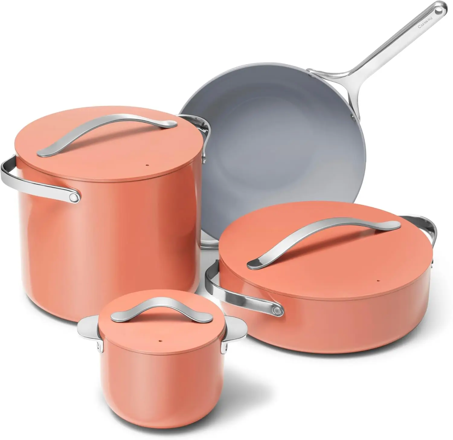 Specialty Cookware Set - Petite Cooker, Stir Fry Pan, Rondeau, & Stock Pot 3 Lids & Storage Organizer Included Perracotta