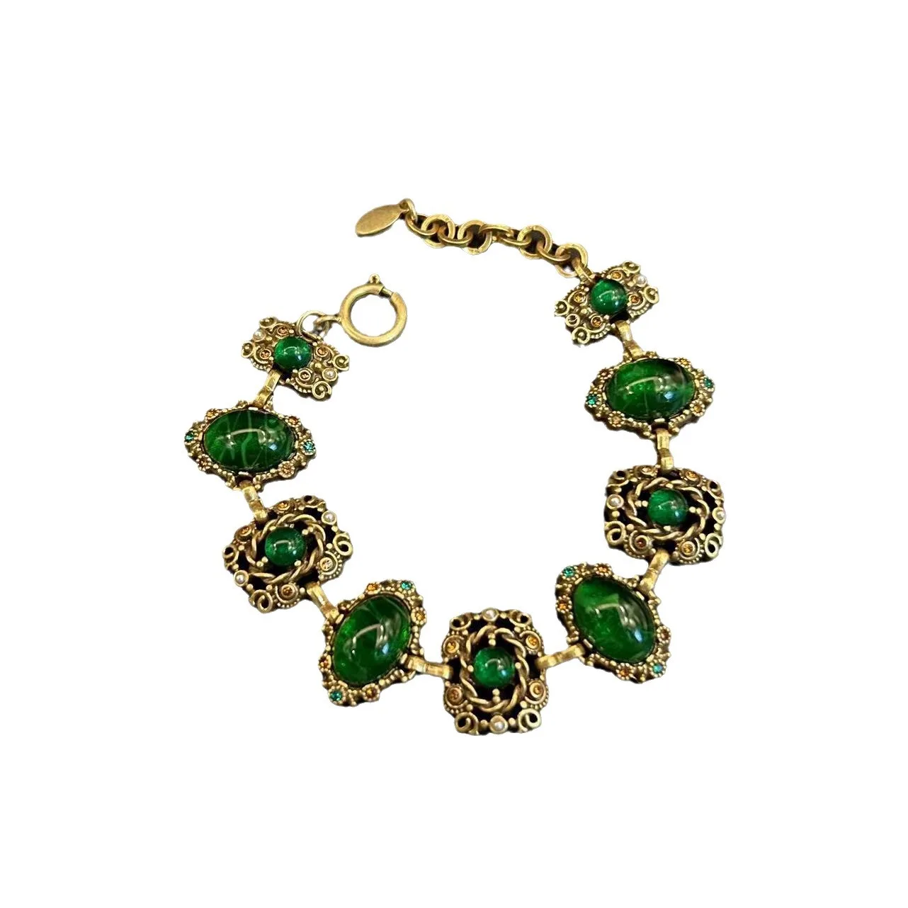 Vintage 14K Gold Filled Synthetic Emerald Jewelry Set Green Quartz Teardrop Drop Earring Chunky Crystal Tennis Bracelet Necklace