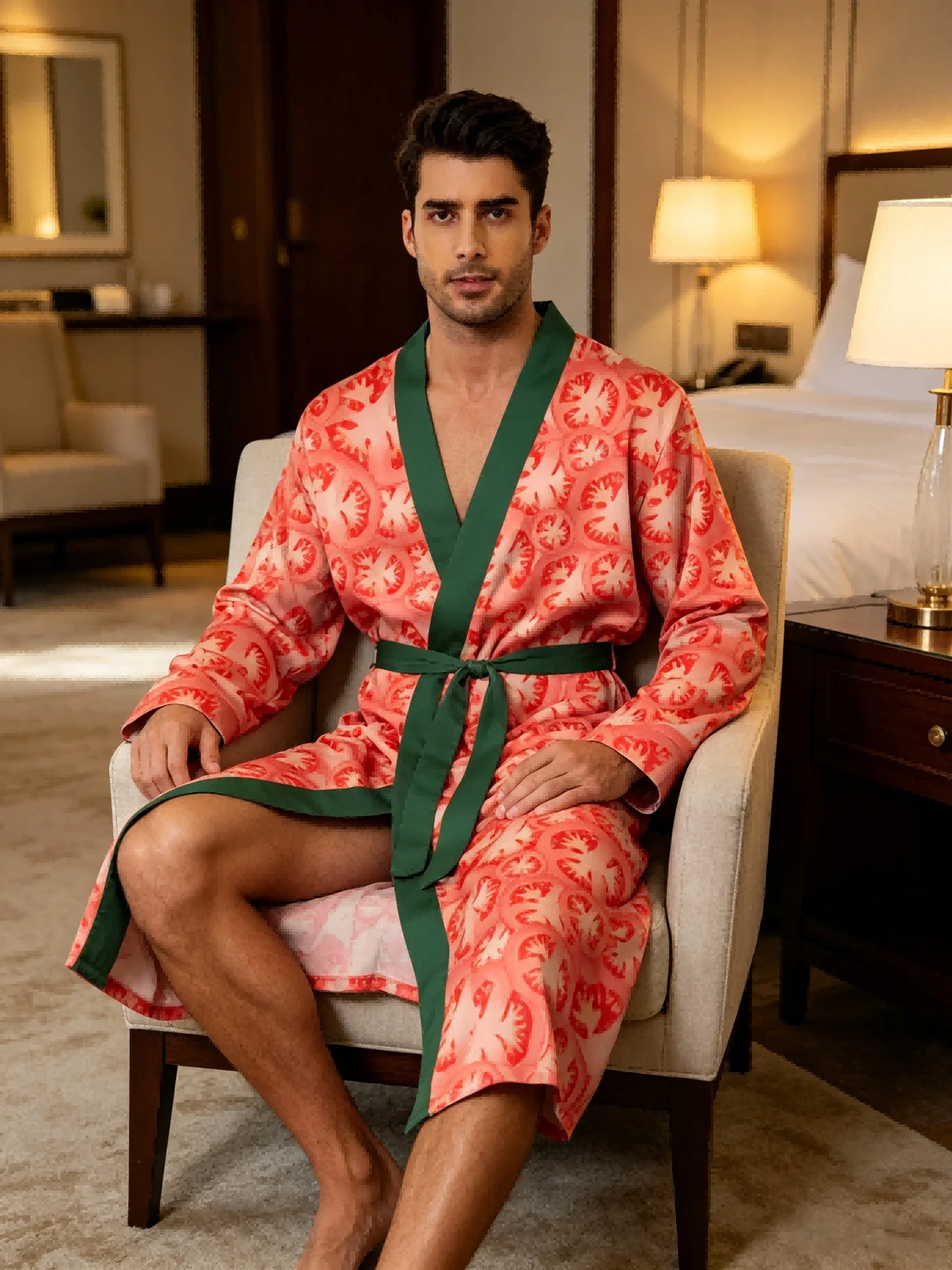 Men's lightweight quick-drying pajama bathrobe - 3D digital printing, non-fading design, stand-up collar and adjustable waistban
