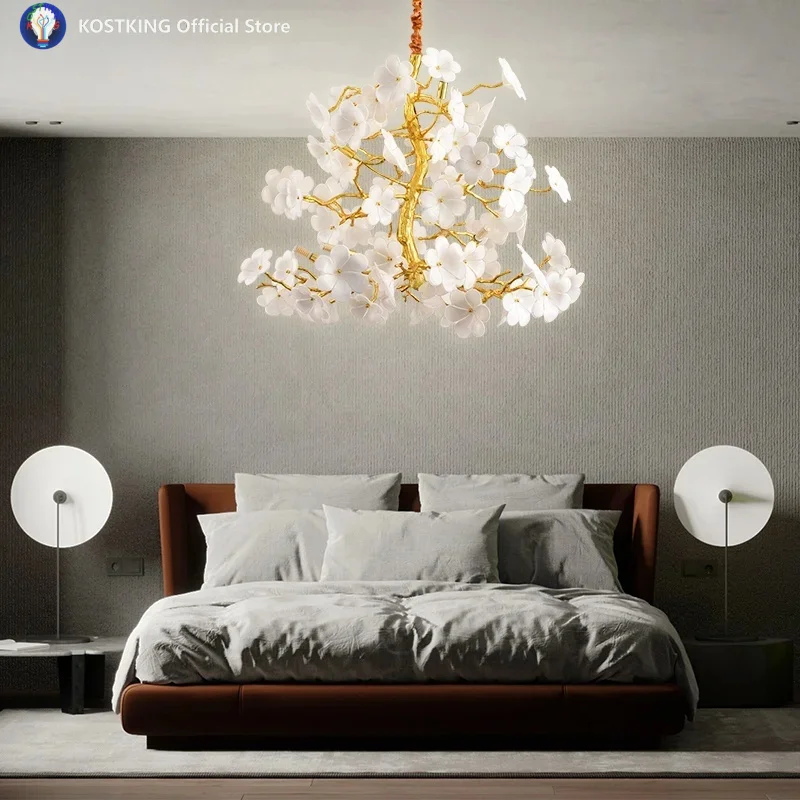Luxury Flower Petal Ceiling Pendant Lamp Living Room Vila Tree Branch Bloom Chandelier for Bedroom Lustre Gold Light Fixture