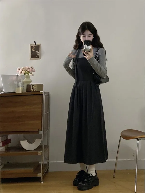 

plus Size Slimming Two-Piece Set Long Sleeve Base Top Waist Cinching Strap Dress Autumn New Style Korean Loose Fit High Waist
