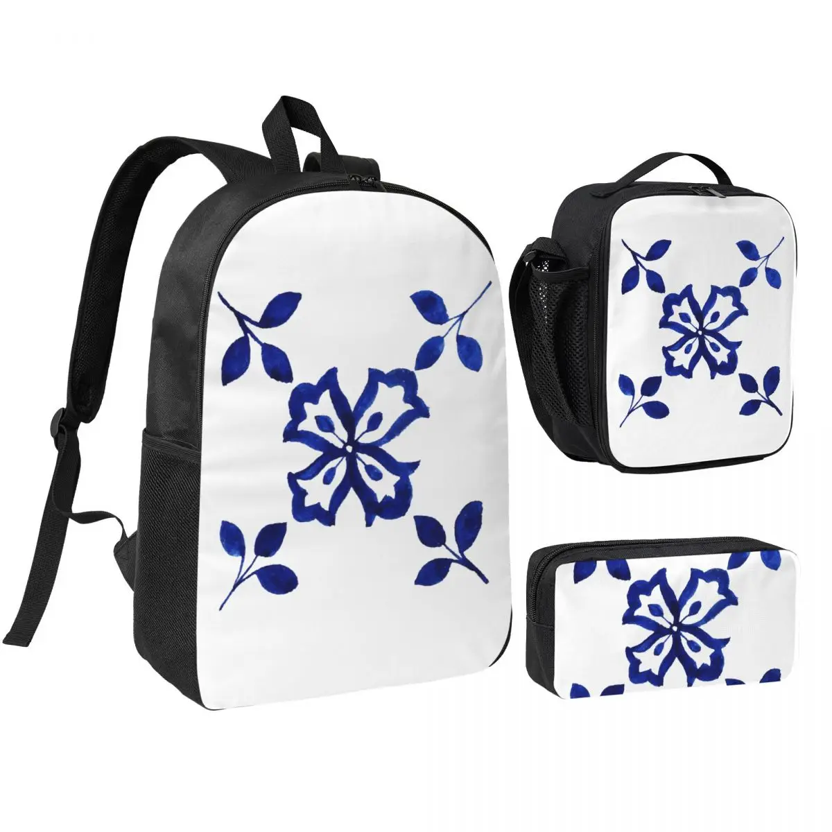 Azulejo Portuguese Tile Watercolor Artwork Backpack BookBag School Bag Computer Shoulder Bags 3ps Lunch Bag Pencil Case