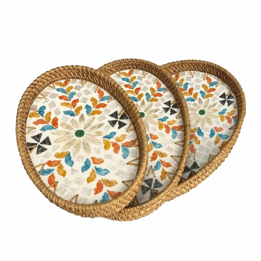 3Pcs Plant Fiber Serving Tray Woven Texture Breathable Structure Decorative Snack Tray Sturdy Flat Tray Storage Tray Home Decor