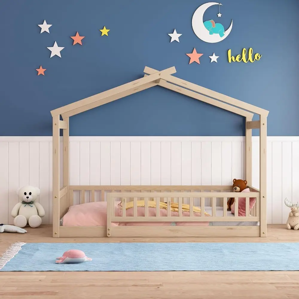 

Twin Size Wooden House-Shaped Daybed for Kids and Teens, Natural Finish