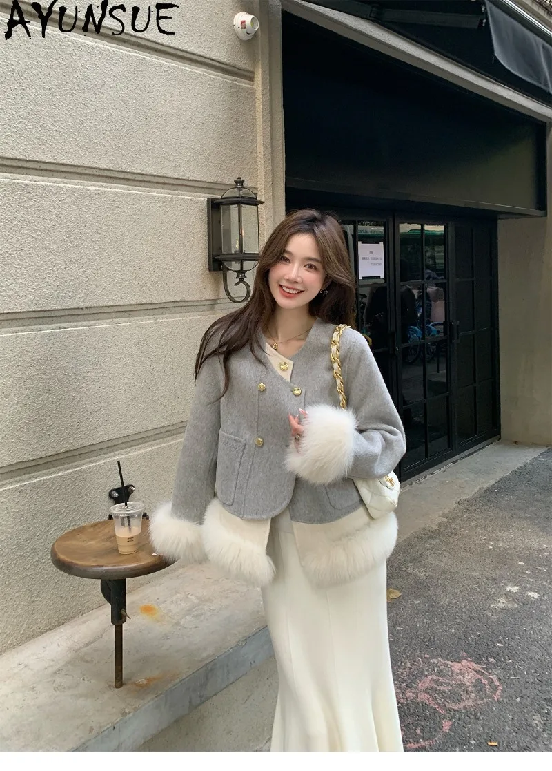 AYUNSUE Double-Faced Cashmere Coat Womens Short High-End Autumn Winter Clothes Fox Fur Collar Woolen Coat Slim Fit Fashion 2026