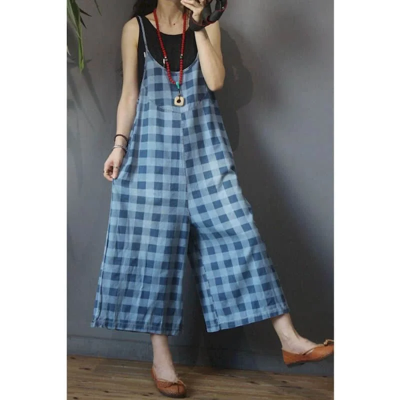 Plaid Jumpsuits for Women Summer Denim Wide Leg Pants Vintage One Piece Outfit Women Clothing Safari Style Loose Casual Rompers