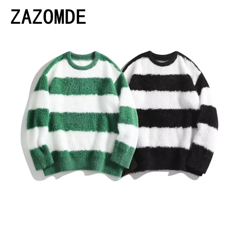 

ZAZOMDE 2024 Men Autumn Winter New Stripe O Neck Knitwear Top Men Long Sleeve Loose Pullovers Male Streetwear Warm Sweater Tops