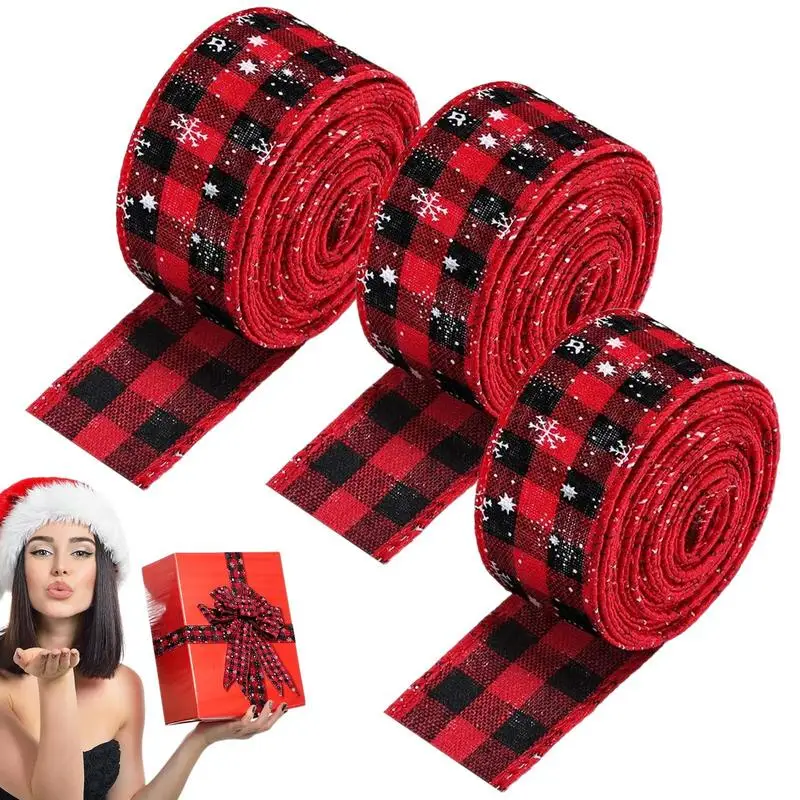 

Christmas Wired Ribbon 6.4cm/2.4inch Red and Black Buffalo Plaid Christmas Ribbon 3 Rolls Buffalo Plaid Burlap Wired Ribbon 6.5