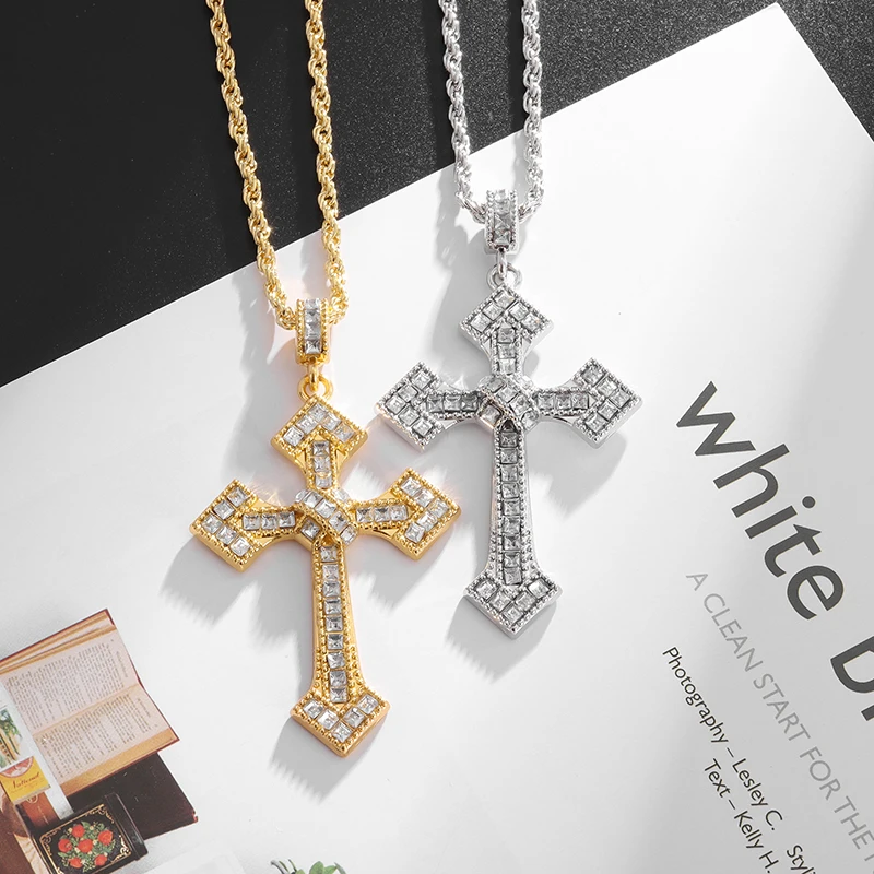 High Quality Shiny Rhinestone Christian Cross Pendant Necklace Fashion Party Lucky Amulet Time Jewelry for Men and Women