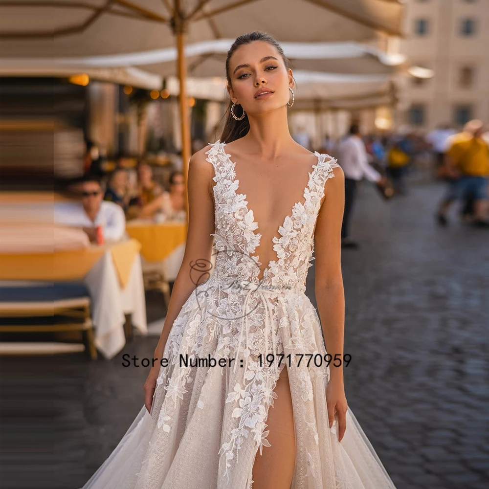 Gorgeous Wedding Dress V Neck High Side Slit Applique Elegant Sexy Open Back Bridal Gowns Court Train Vestido De 2024 New