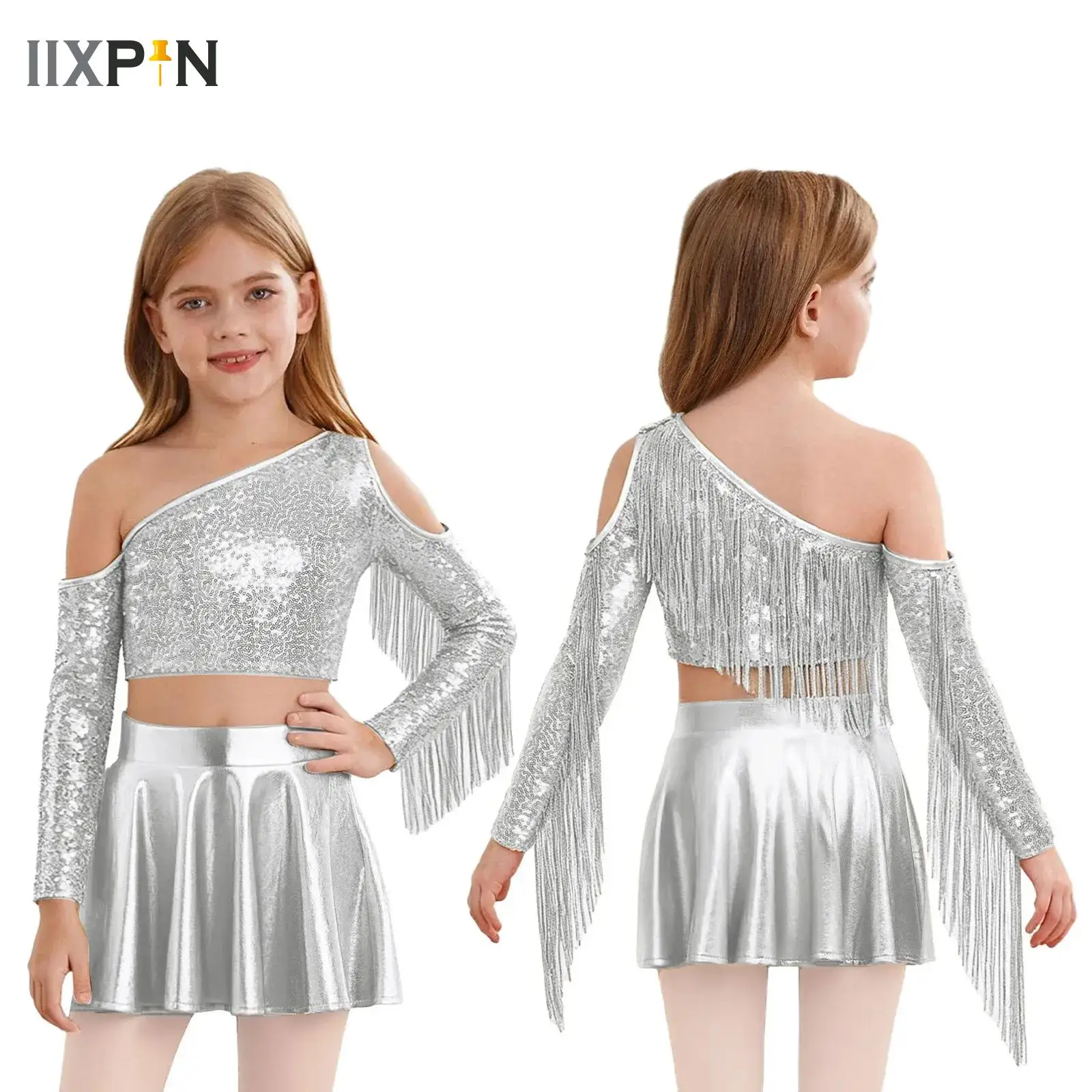 

Kids Girls Shiny Jazz Dance Stage Performance Costume Outfits Tassel Sequin Crop Top Pleated Skirt for Modern Ballet Dance Suits