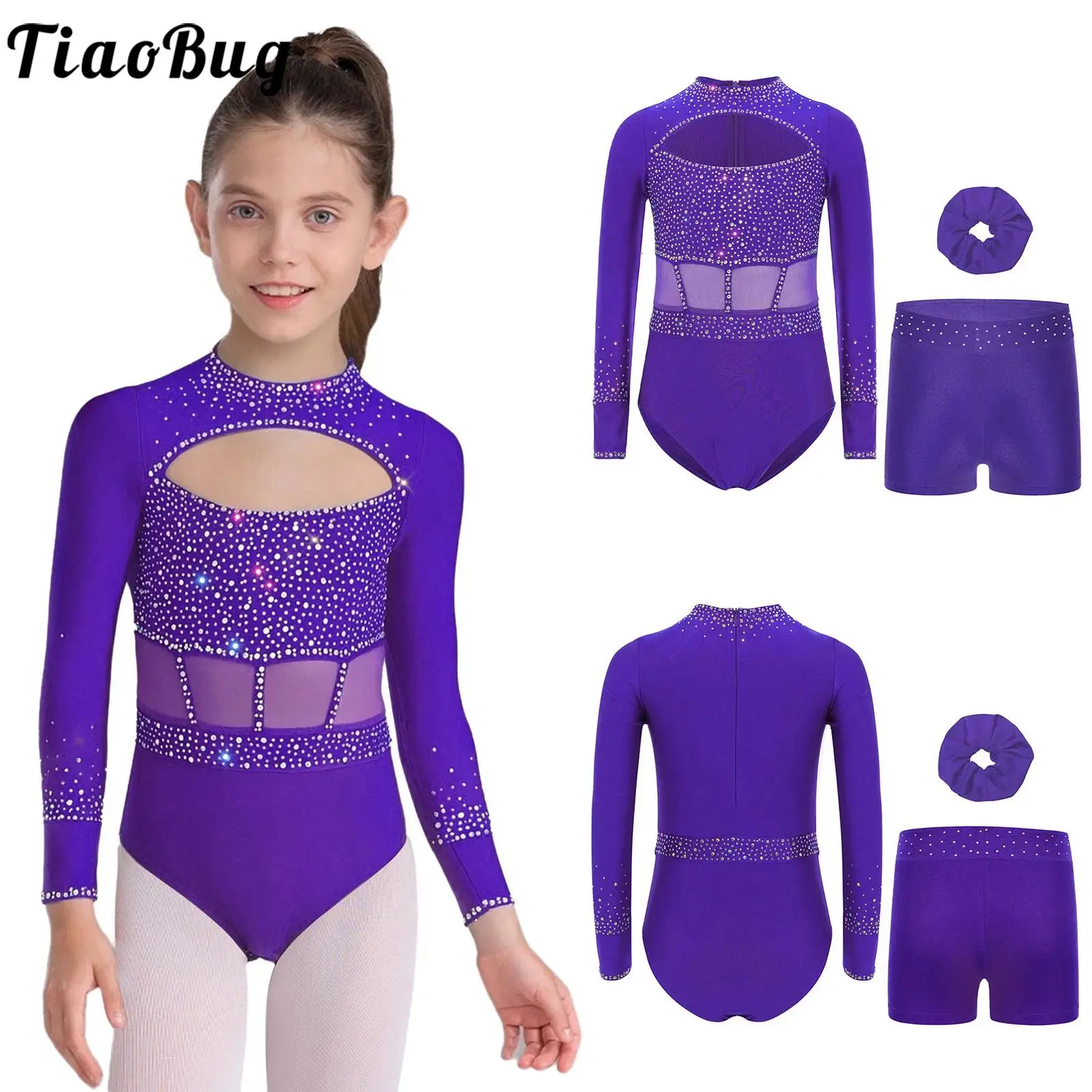 Kids Girls Long Sleeve R-Cutout Back Rhinestones Leotard Shorts Headwear Set Gymnastics Ballet Dance Stage Performance Costume