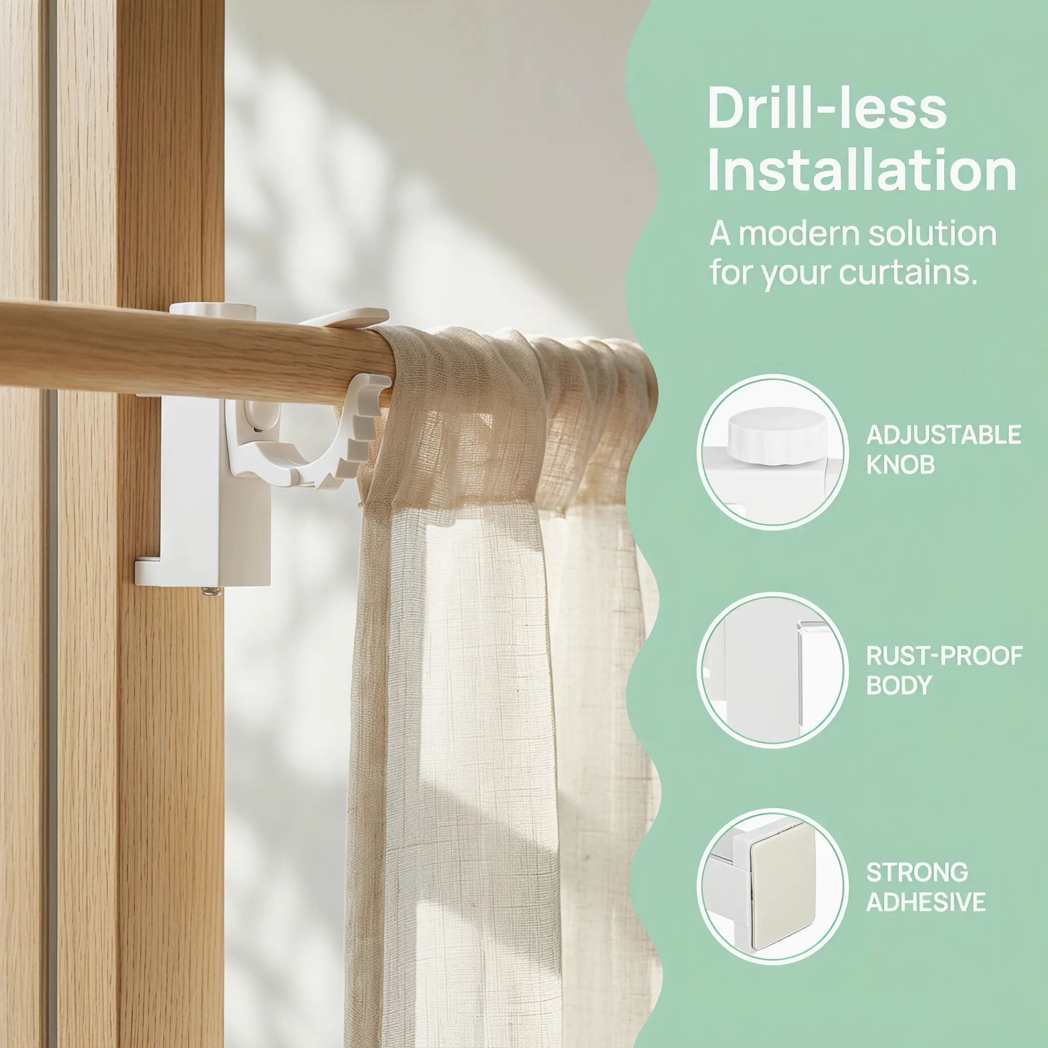 2Pcs No Screw Curtain Rod Brackets Self-Adhesive Adjustable Rod Holder for Closet Or Curtain Installation Modern White Design