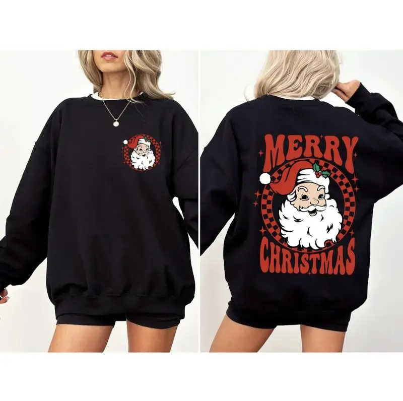 

Retro Santa Checkered Merry Christmas Sweatshirt | Front & Back Print | Women’s Cozy Crewneck Pullover Vintage Xmas Winter Top