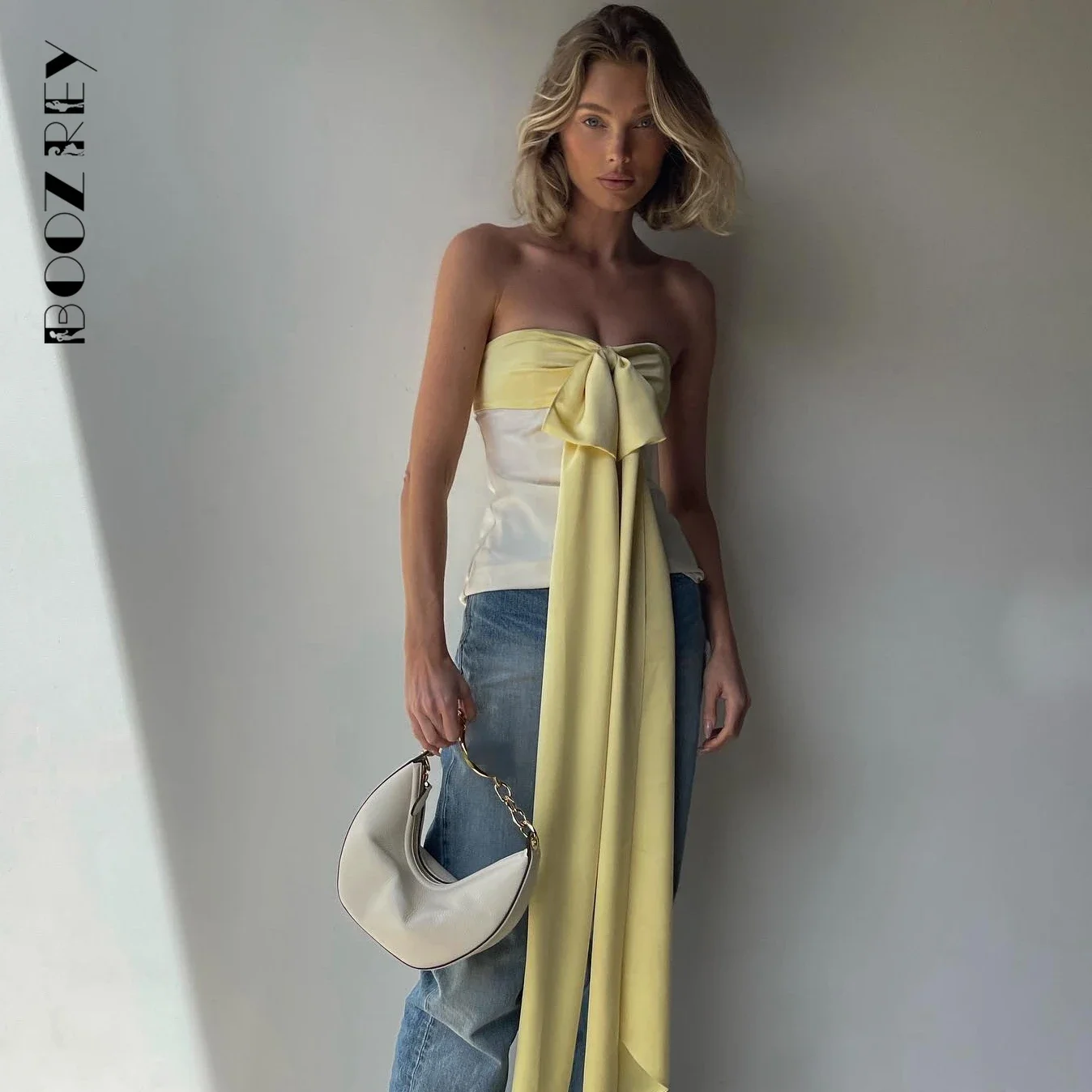 BoozRey Satin Patchwork Bow Off Shoulder Sleeveless Tank Top  Women 2023 New Fashion Sexy Slim Tops Party Nightclub Outfits