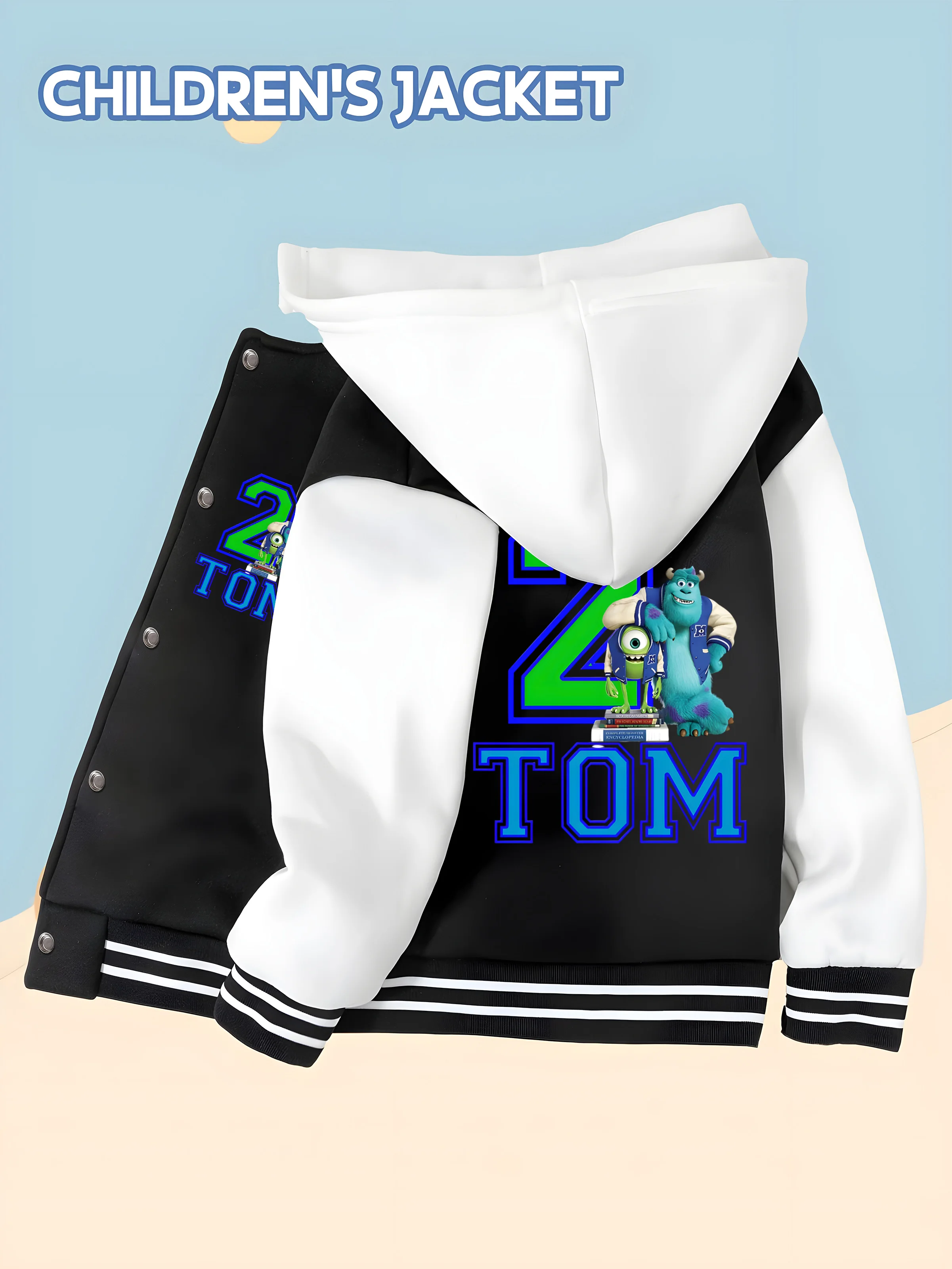 

MINISO Disney Custom Monsters University Baseball Jacket for Boys - "2 TOM" Design Double-Sided Print Comfortable and Versatile