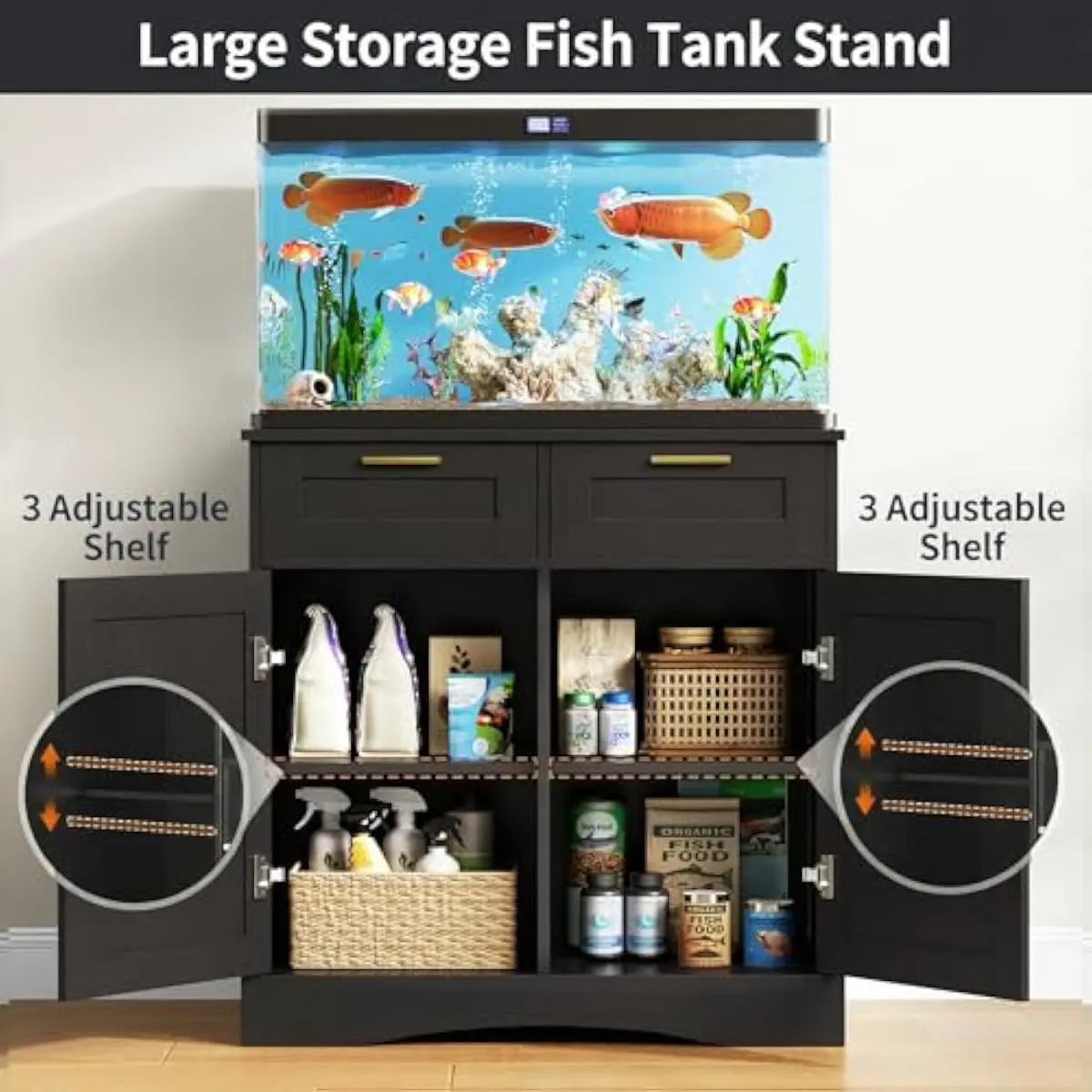 20 Gallon Aquarium Stand with Dual Drawers and Adjustable Cabinet Storage, Engineered Wood Frame, 500 LBS Capacity, Compact 30.7