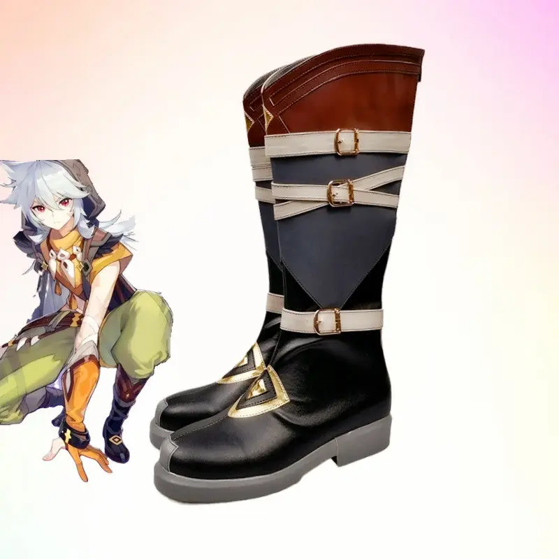 Anime Genshin Impact Razor Cosplay Shoes Black Medium-Long PU Leather Boots For Halloween Carnival