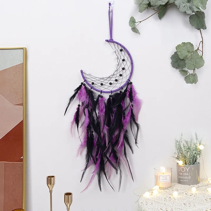 Bohemian Purple Moon Hand-woven Dream Catcher Door Hanging Feather Wind Chimes Home Decorations Wall Pendants For Festival Gifts