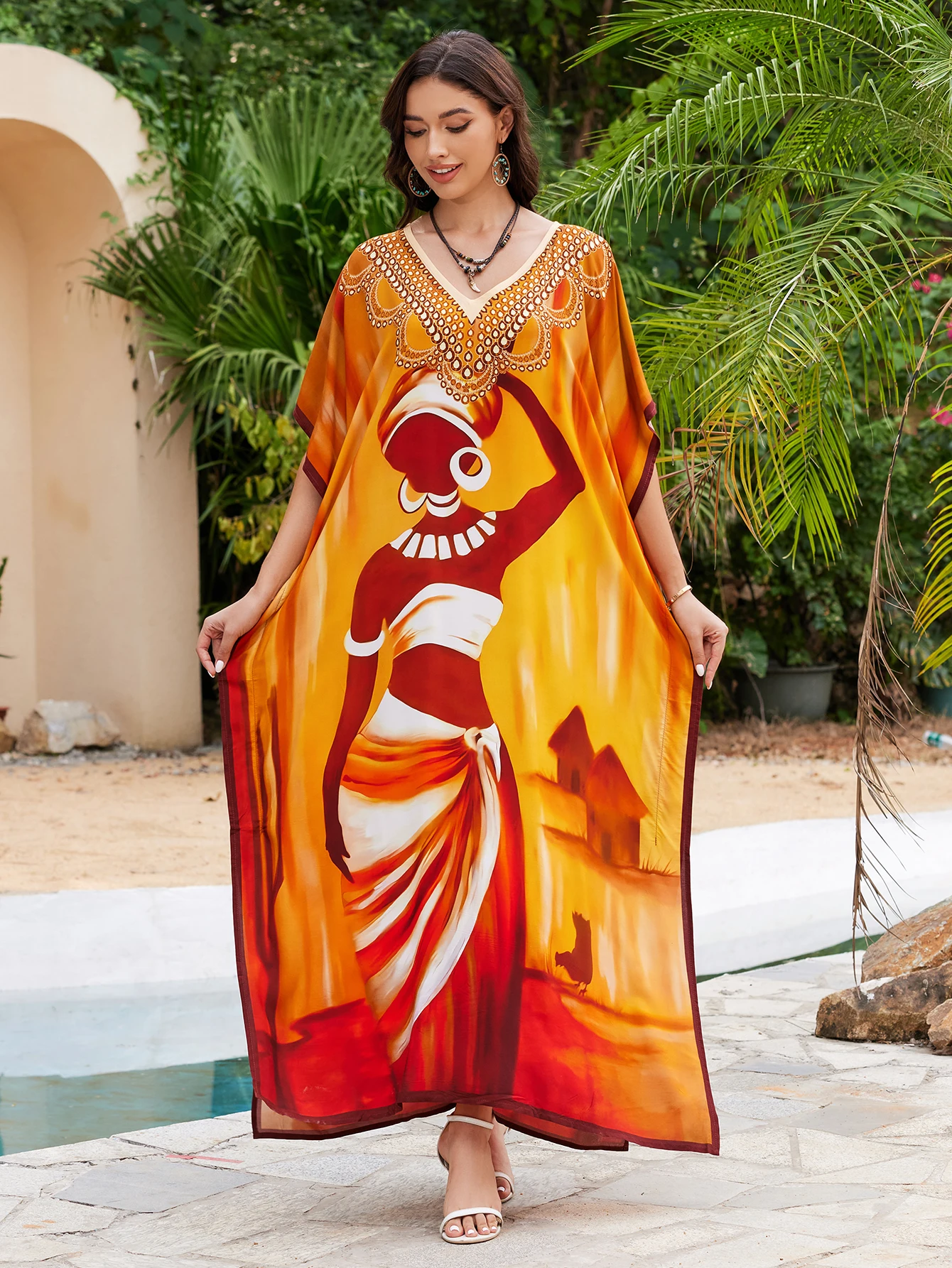 Sunset Orange African Figure Graphic Printed Long Kaftan, Embellished V Neck Oversized Maxi Cover Up Dress, Bohemian Ethnic Robe