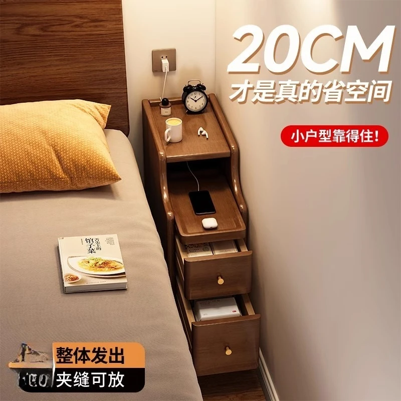 

Прикроватная тумбочка из цельного дерева, маленькая мини-простая современная полка, ультраузкая тумбочка для хранения трещин, очень узкая прикроватная тумбочка для спальни
