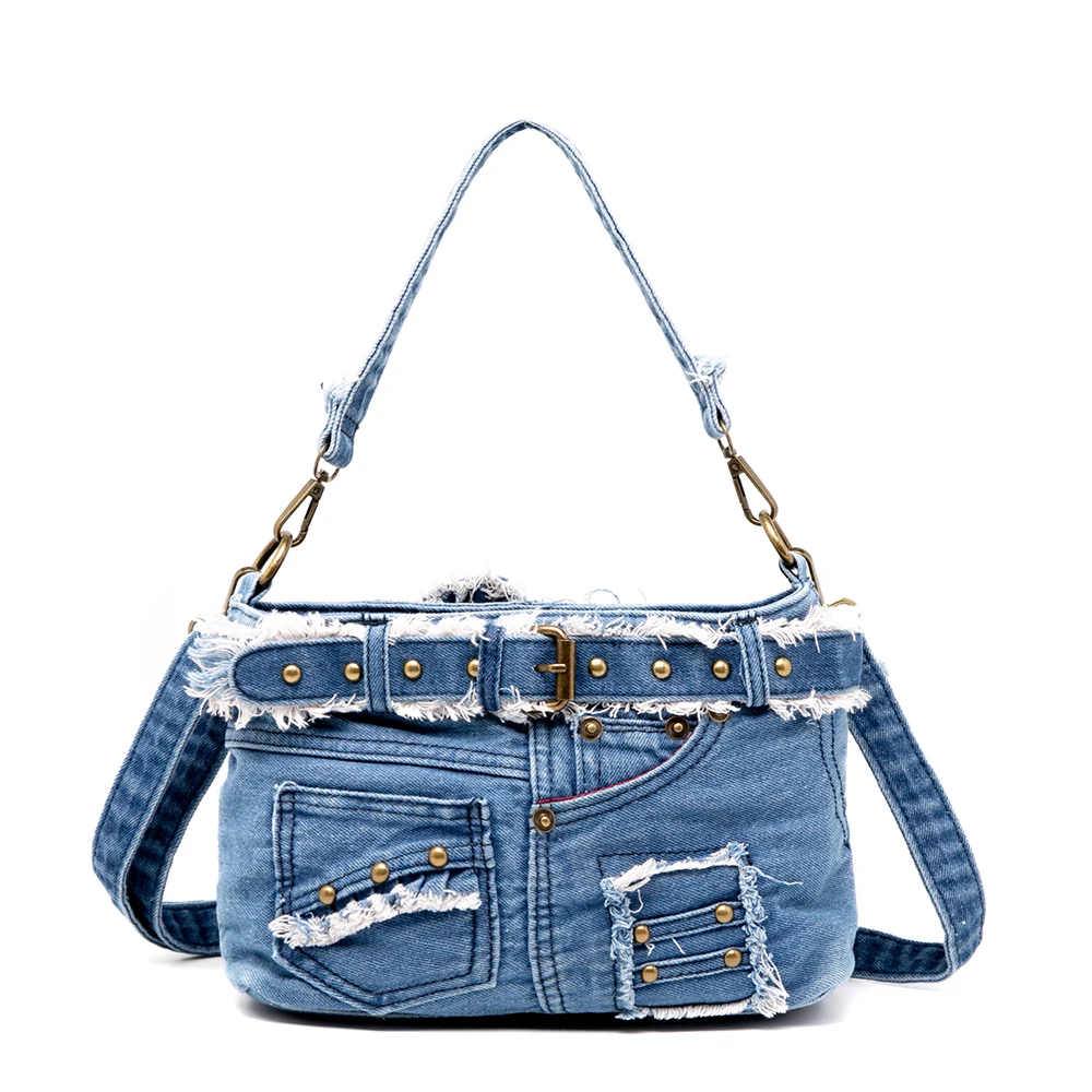 Female Cool Handbag The Cowboy Material Jeans Pocket With Metallic Rivets And Buckle Denim Cross Body Bag