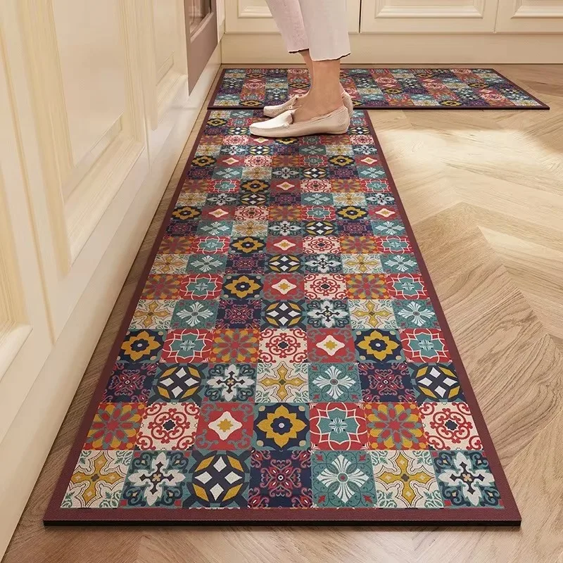 Carpet for Kitchen Set Non-slip Oil-proof Floor Mat Pvc Leather Waterproof Foot Mats American Vintage Decoration Long Strip Rug - view 3