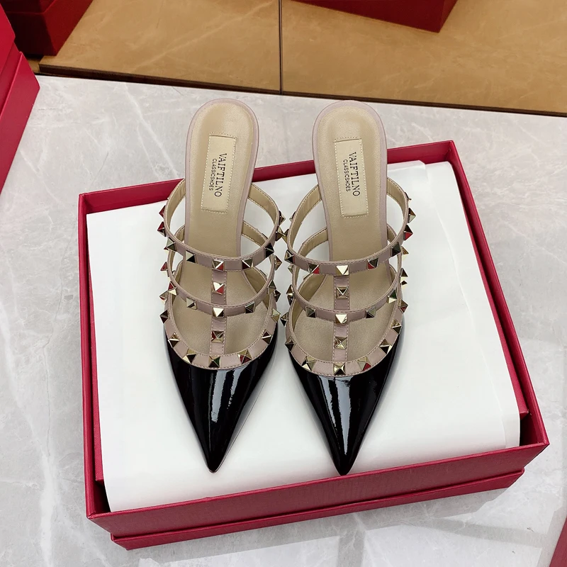 

2025 Summer New Women's Sandals Pointed toe Rivet Stiletto Shoes Luxury Elegant Fashion Leather Wedding Heeled Sandals For Women